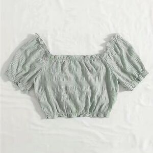 NWOT - Women’s Drawstring Off Shoulder Ruched Trim Casual TeeShirt (Light Green)